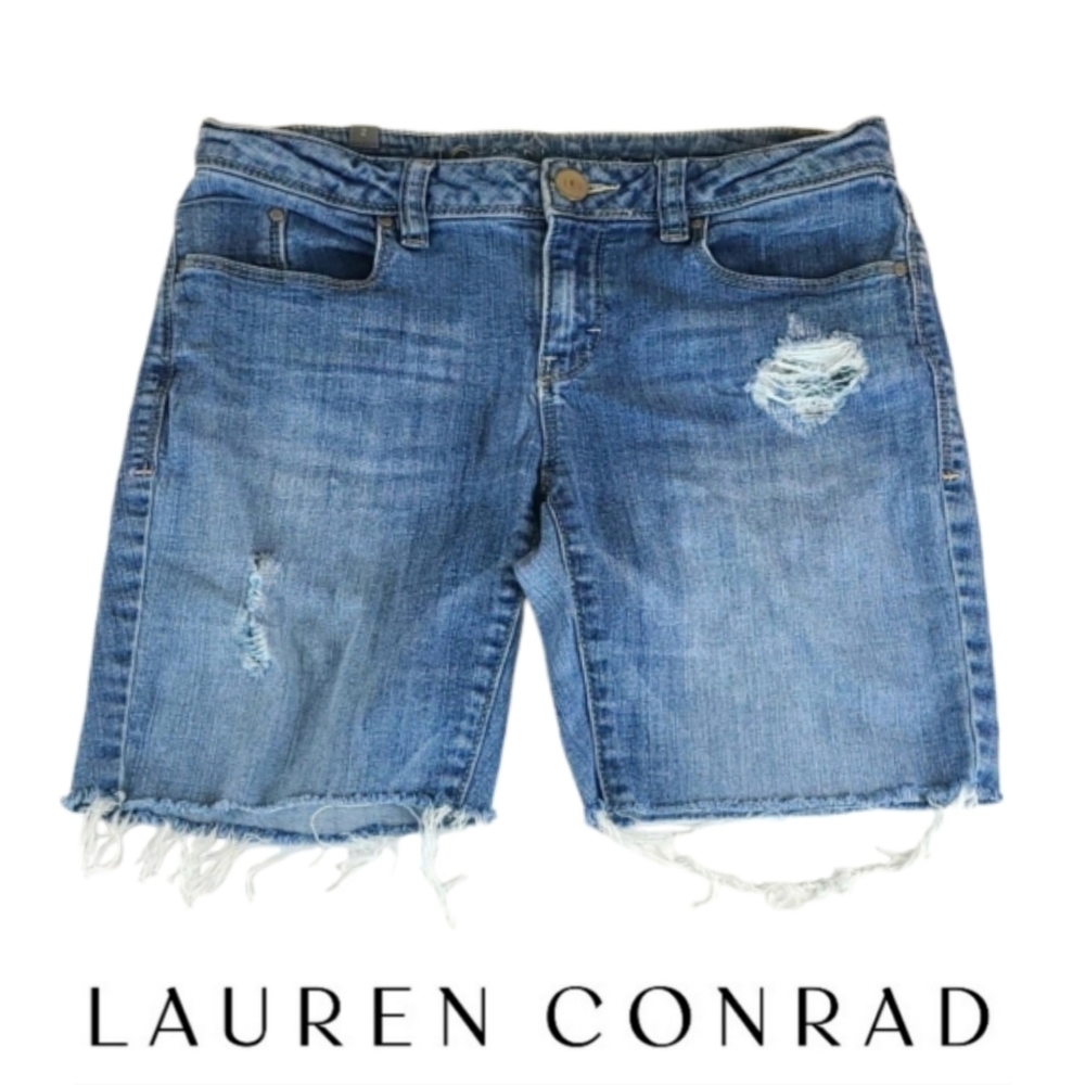 Cut-Off Distressed Medium Blue Wash Jean Shorts, Size 2